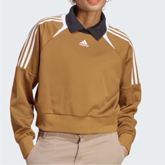 Adidas Women's Tiro Suit Up Track Sweatshirt Chestnut Brown Black Polo Collar L - Picture 1 of 10